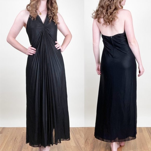 Vintage Dresses & Skirts - Vintage Pleated Draped Evening Gown Maxi Dress Front Slit Sleeveless Sexy Formal